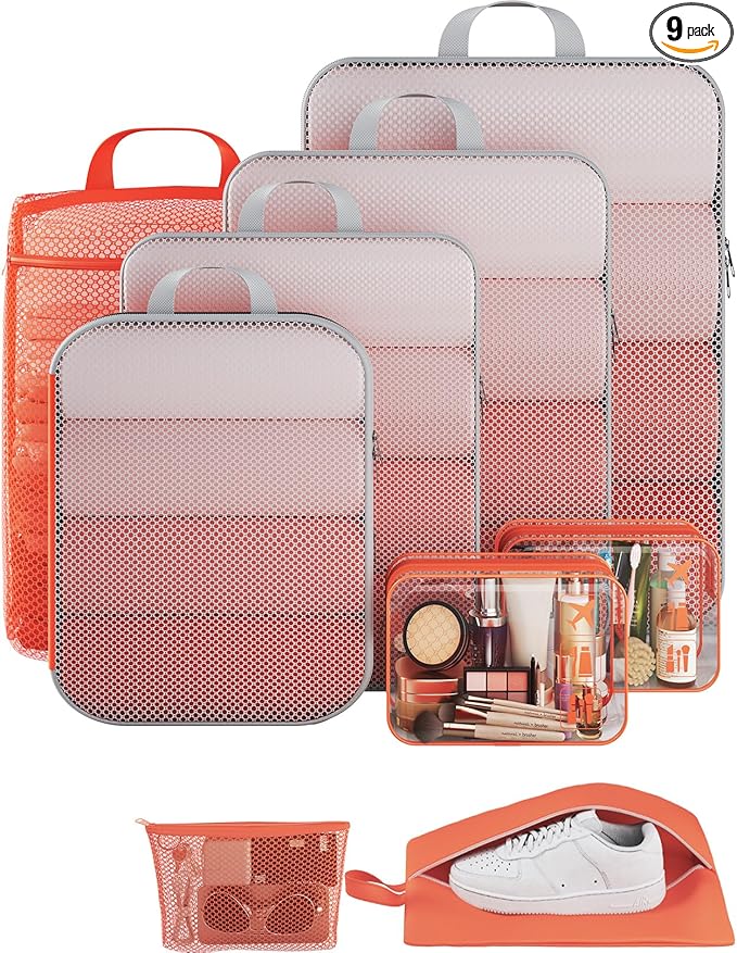 Veken 9/11 Set Compression Packing Cubes for Travel Essentials,Compressible Expandable Large Luggage Suitcase Organizer Bags for Clothing,Durable Space Saver Storage Bags with Toiletry Bags(Orange)