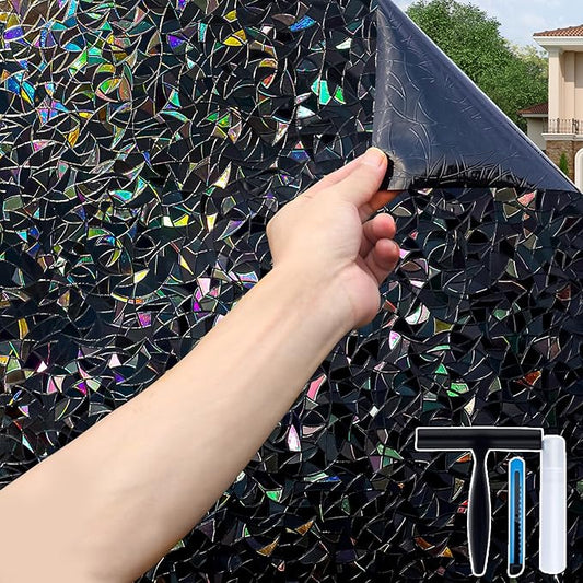 Volcanics Total Blackout Window Privacy Film with Installation Tools, Rainbow Room Darkening Black Window Cover, Static Cling 100% Light Blocking 17.5 x 78.7 Inches