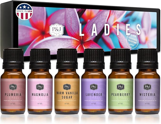 P&J Trading Fragrance Oil Ladies Set | Pearberry, Lavender, Warm Vanilla Sugar, Plumeria, Magnolia, Wisteria Candle Scents for Candle Making, Freshie Scent, Soap Making Supplies, Diffuser Oil Scents