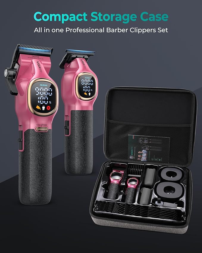 Professional Hair Clippers for Men, Professional Barber Clippers and Trimmer Set, Cordless Hair Clippers for Hair Cutting with Package Case, Powerful 9000 PRM Rechargable Electric (Pink)