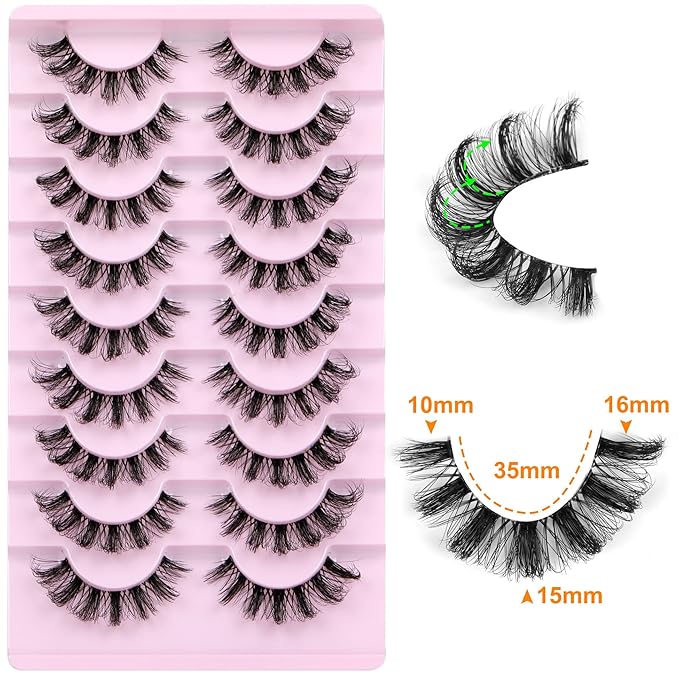 ALPHONSE Russian Lashes Clear Band False Eyelashes Natural Look D-Curly Fake Lashes Russian Strip Faux Mink Eyelashes 9 Pairs Pack