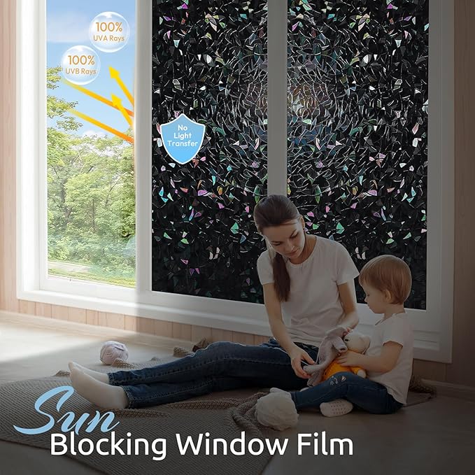rabbitgoo Window Privacy Film Rainbow Film Decorative Window Sticker, 3D Static Stained Glass Cling Tint for Room Darkening Day Sleep, Black, 17.5 x 118.1 inches