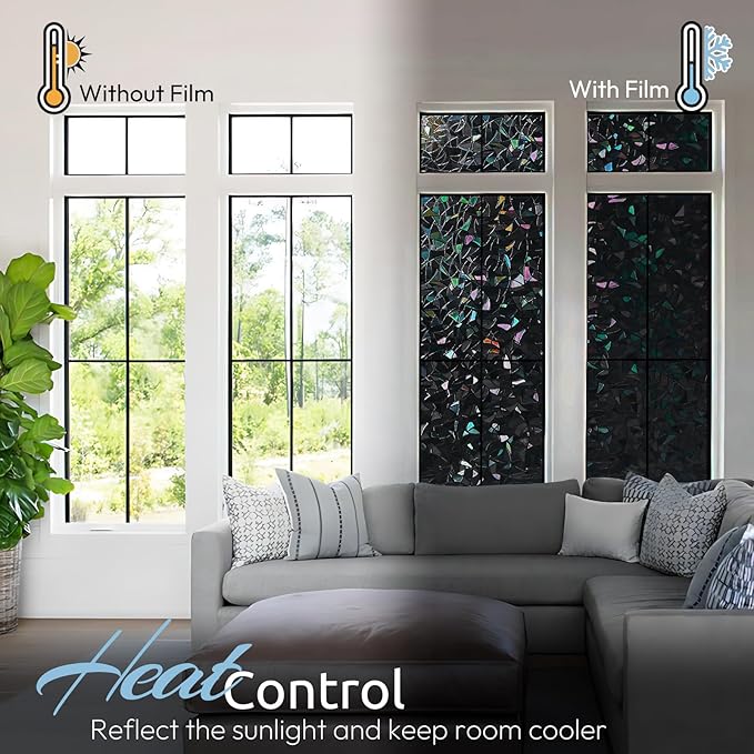 rabbitgoo Window Privacy Film Rainbow Film Decorative Window Sticker, 3D Static Stained Glass Cling Tint for Room Darkening Day Sleep, Black, 35.4 x 78.7 inches