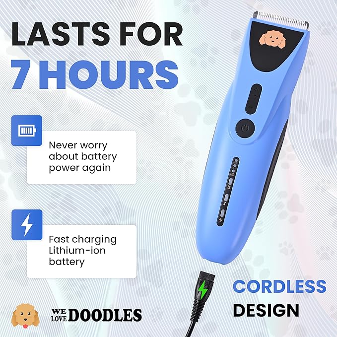 We Love Doodles Dog Clippers for Thick Coats - Powerful and Ultra Quiet Dog Trimmer for Grooming, Cordless Hair Trimmer, 8 Detachable Blades Pet Clippers, Easy to Use Clippers