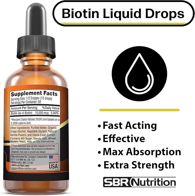 MAX Absorption Biotin Liquid Drops, 10000mcg of Biotin Per Serving, 60 Serving, No Artificial Preservatives, Vegan Friendly, Supports Healthy Hair Growth, Strong Nails and Glowing Skin, Made in USA