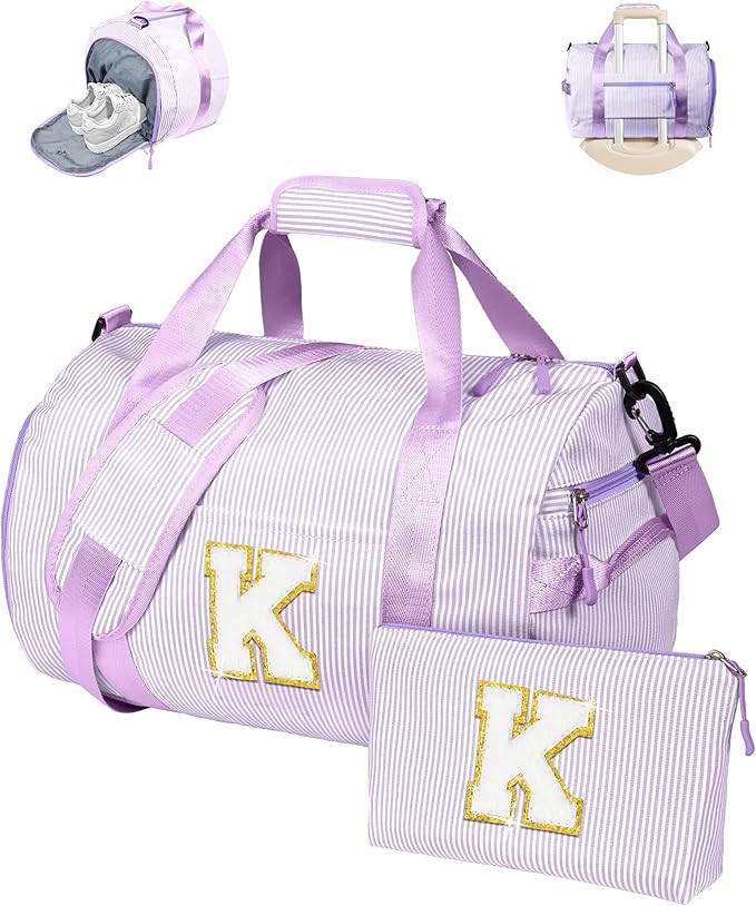 Gifts for Niece, Girls Travel Duffle Bag, Kids Initial Overnight Duffel Bags with Shoe Compartment, Personalized Dance Bag with Cosmetic Pouch, Birthday Gift for Granddaughter (Letter K)
