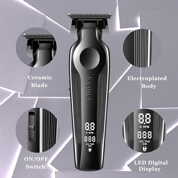KEMEI Hair Trimmer for Men, Zero Gapped Cordless Hair Clippers Beard Trimmers with T Blade, Rechargeable Barber Clipper with LED Display, Black