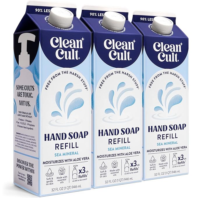 Cleancult - Liquid Hand Soap Refills - Sea Minerals - Gentle On Sensitive Skin - Made with Aloe Vera & Essential Oils - Eco Friendly - Paper-Based Packaging - 32 oz/3 Pack