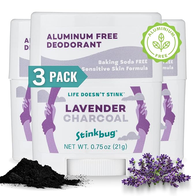 Stinkbug Naturals Organic Aluminum Free Travel Size Deodorant Stick with Lavender, Coconut Oil and Activated Charcoal, 0.75 Ounce Pack of 3