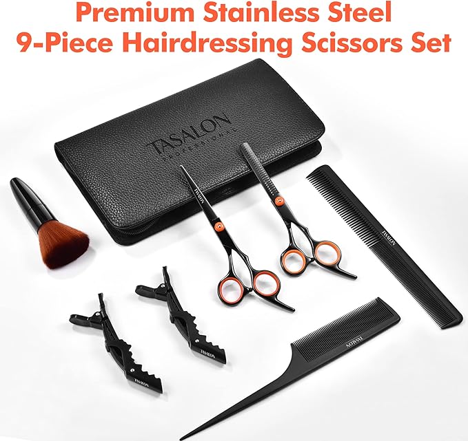 TASALON Hair Cutting Scissors Kit- All-in-1 Set of Hair Cutting Scissors - Professional Hair Shears, Thinning Scissor, Hair Comb, Neck Duster in Leather Bag -Haircut Scissor Kit