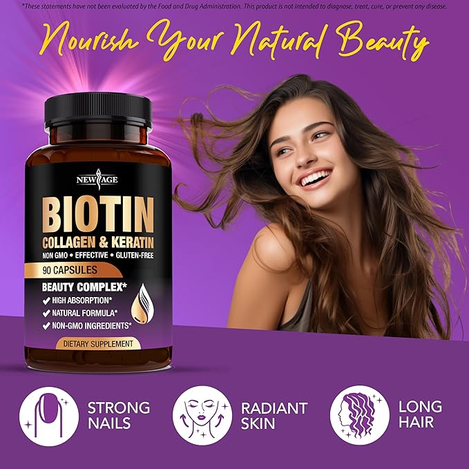 NEW AGE Biotin Collagen Keratin Hyaluronic Acid - 50,000mcg Hair Growth Vitamins for Men and Women, Nails, Hair, Skin Vitamins and DHT Blocker with Vitamin E Folic Acid Pumpkin Seed MSM - 90 Count