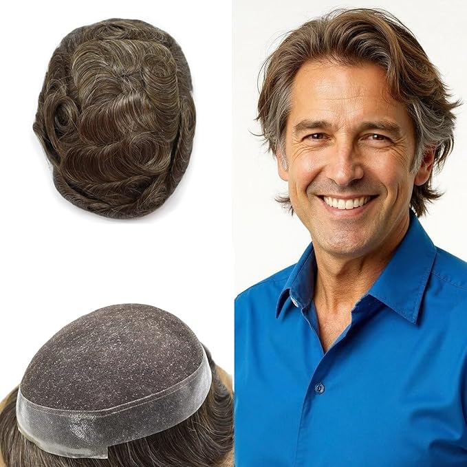 FACE MIRACLE Lace Front Mens Toupee Human Hair System Swiss Lace Center Toupee for Men Thin Skin PU Around Hair Replacement System V-Looped Mens Hair Wig Units 7"X9" #420 Medium Brown with 20% Gray