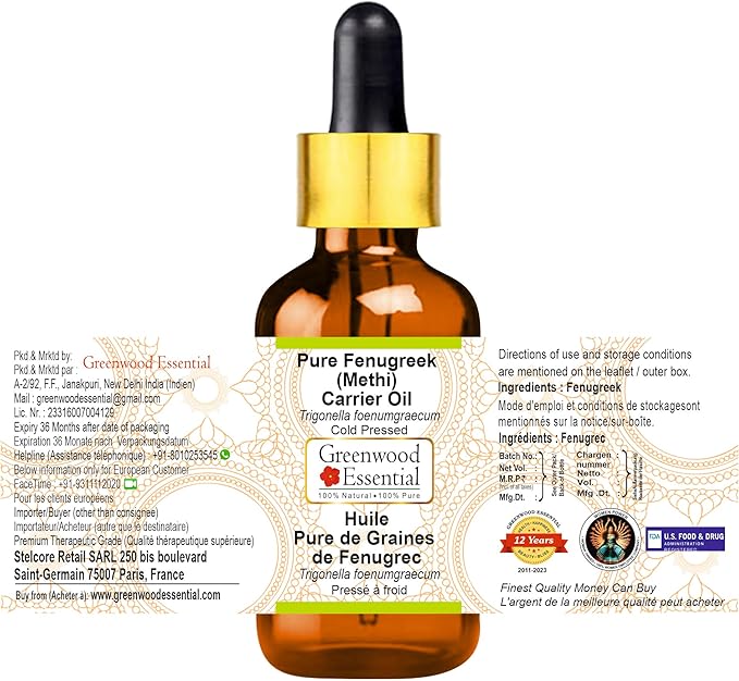 Greenwood Essential Fenugreek (Methi) Oil (Trigonella foenumgraecum) with Glass Dropper | Cold Pressed | Natural | For Diluting Essential Oils | For Hair, Skin & Massage | Unisex | 10ml (0.33 oz)