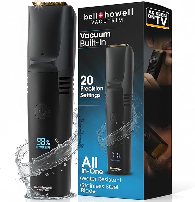 Bell+Howell Vacutrim Cordless Beard Trimmer – Rechargeable Electric Shaver with Built-in Vacuum, 20 Trim Settings, LED Indicator – for Mustache, Sideburns, Facial Hair – Deluxe, 7.5" As Seen On TV