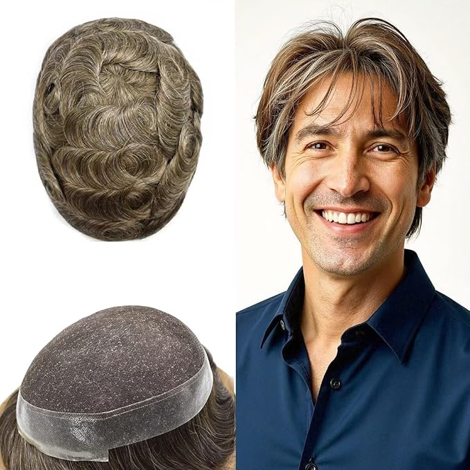 FACE MIRACLE Toupee for Men French Lace Hairpiece Human Hair Replacement System Skin PU Mens Toupee Hair Wigs for Man V-Looped Front Hair Prosthesis 6"X8" #630 Light Brown with 30% Gray