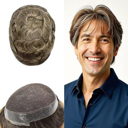 FACE MIRACLE Mens Toupee Lace Front Hairpieces Soft Human Hair Replacement System Natural Hairline Toupee for Men French Lace Poly V-Looped Mens hair Units 6"X9" #630 Light Brown with 30% Gray