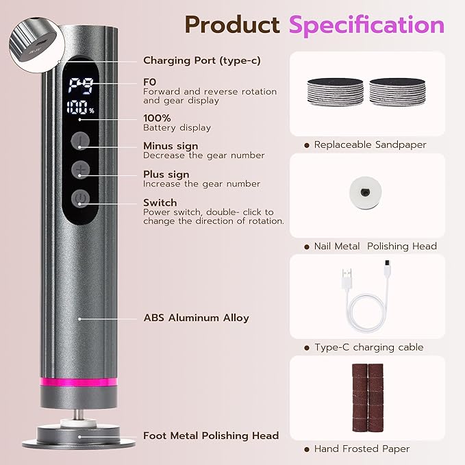 Electric Foot Callus Remover, Adjustable Speed Rechargeable Foot Sander Pedicure Tools for Feet Dead Skin with Sandpaper Disk and Nail Drill Bits,Equipped with Digital Display（Dark Gray）