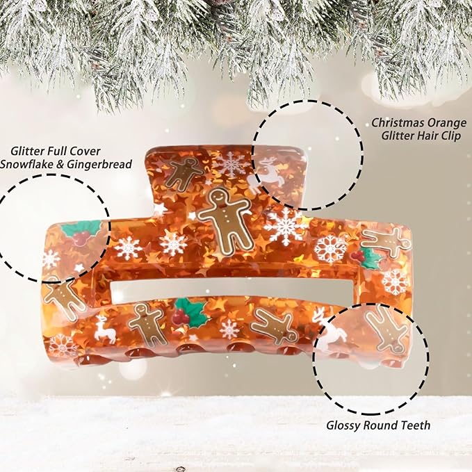 Christmas Hair Clips, Square Hair Claw Clips for Thick/Thin Hair, Orange-Red Glitter Gingerbread Man Snowflake Design Medium Claw Clips, Strong Hold & Non-Slip Hair Styling Accessories for Xmas 1PCS