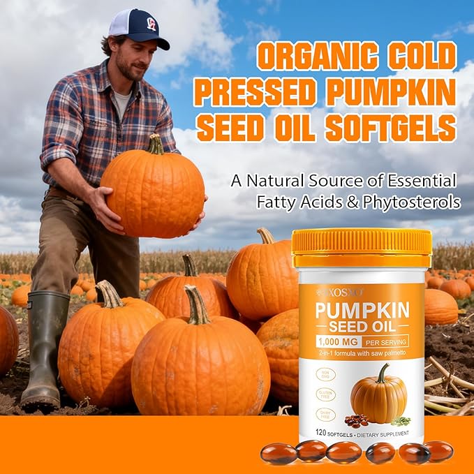 Pumpkin Seed Oil Capsules | Pumpkin Seed Oil with Saw Palmetto Softgels | Organic Pumpkin Seed Extract for Hair Growth, Bladder & Prostate Health | Cold Pressed & Pure Virgin, 1000mg, 120 Softgels