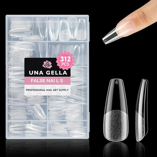UNA GELLA Long Coffin Nail Tips, 312Pcs Gel Nails Tips Coffin Pre-Shape, Half Matte Full Cover Clear False Fake Nails for Nail Extension DIY Art Salon 12 Sizes