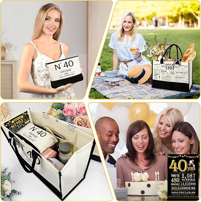 40th Birthday Gifts for Women Canvas Tote Bag Travel Gear, Unique 40 Years Old Birthday Gifts for Her Mom Wife Aunt Friends, Vintage N40 Handbag & Cosmetic Bag & Back in 1985 Poster