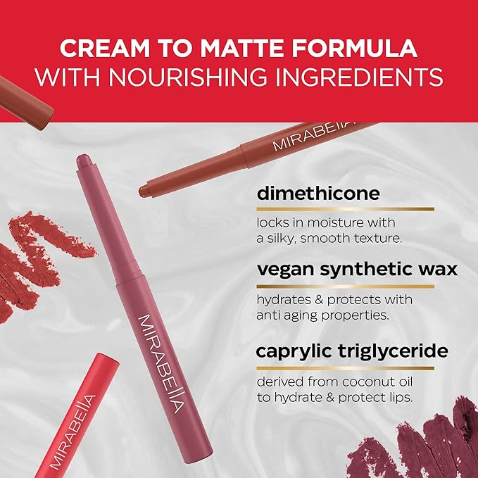 Mirabella - Velvet Matte Lip Crayon, Retractable Highly-Pigmented 2-in-1 Makeup, Long-Lasting Hydrating Lipstick Crayon + Lip Liner, Moisturizing Cream-to-Matte Lipcare Formula, Gameday Red