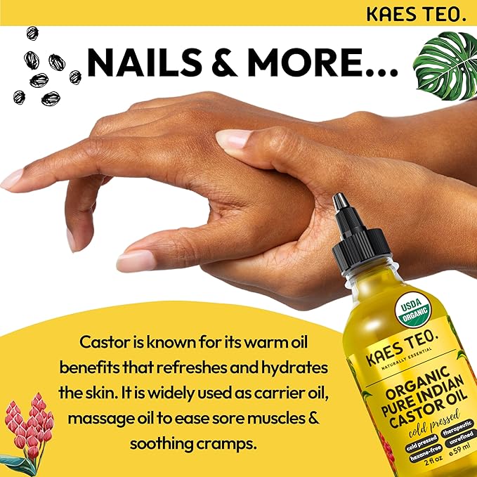 Organic Castor Oil 100% Pure Cold Pressed 2 Fl Oz Extra Virgin Unrefined Hexane Free - USDA Certified Organic, Golden Castor oil for Face, Skin, Hair, Eyebrows - Boost Hair Growth