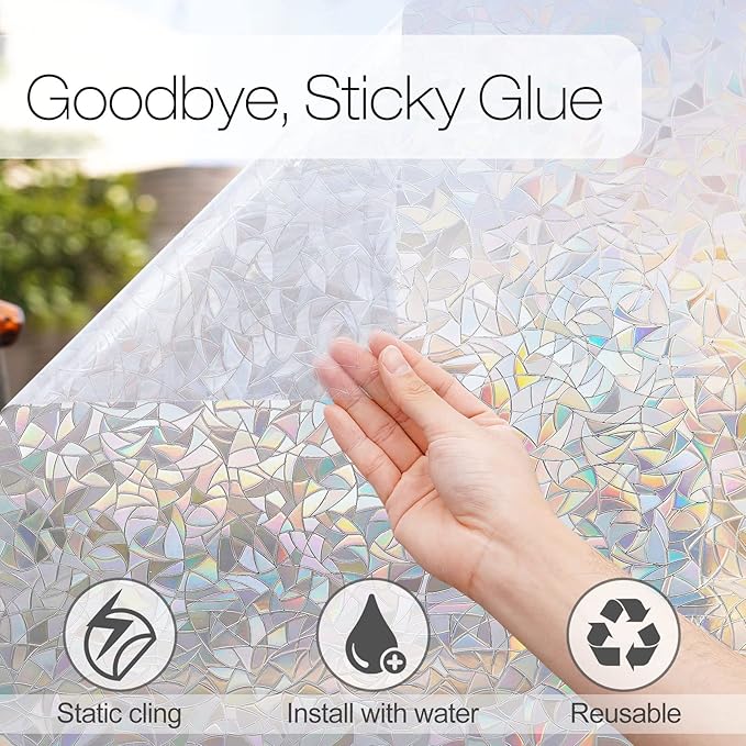 rabbitgoo Window Privacy Film Rainbow Film Decorative Window Sticker, 3D Static Stained Glass Cling Tint for Home Heat Control Non-Adhesive, 17.5 x 157.5 inches