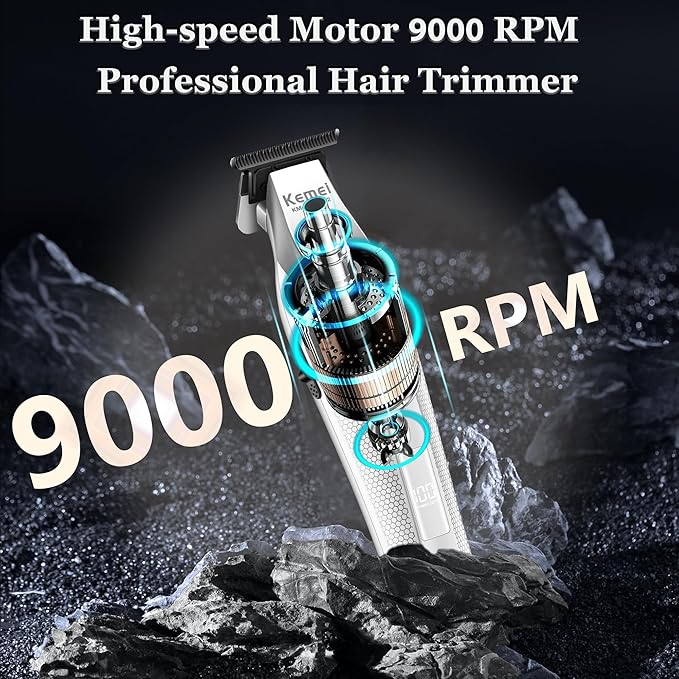 KEMEI 3023-702 Hair & Beard Trimmer for Men, 9000 RPM Zero Gapped Trimmers for Barbers with Full Metal Body, Professional Hair Clippers with LED Display, Ceramic and DLC Blades