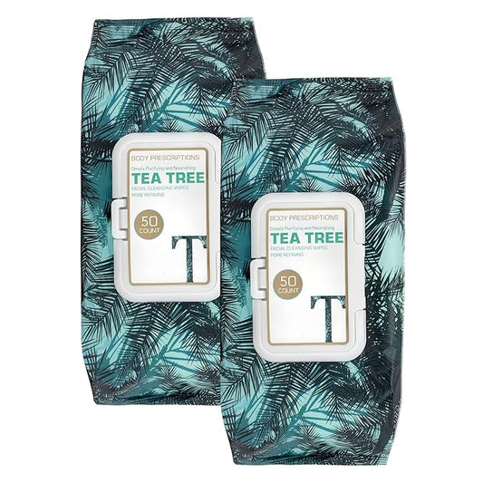 Body Prescription Makeup Cleansing Wipes - Gentle and Effective Face Wipes, 50 Count (Pack of 2), Tea-Tree