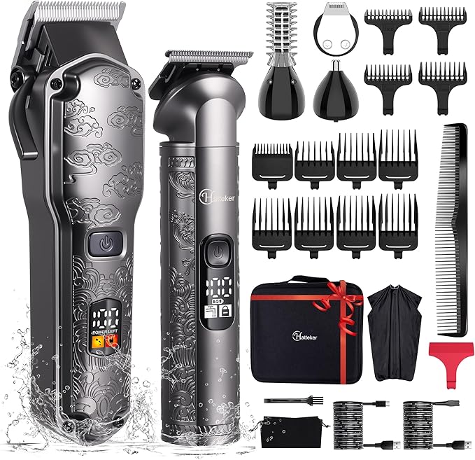 Hatteker Professional Hair Clippers for Men Beard Trimmer Clippers and Trimmer Set Waterproof T-Blade Trimmer Cordless Grooming Kit Nose Body Hair Trimmer Barber Clippers Hair Cutting Kit