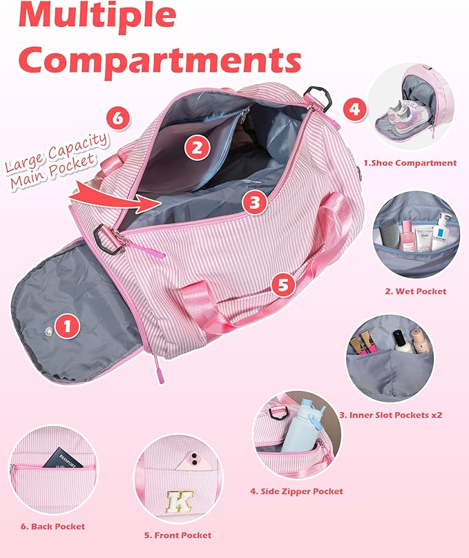 Teen Girl Gifts Trendy Stuff, Girls Travel Duffle Bag, Kids Initial Overnight Bags with Shoe Compartment, Personalized Weekender Bag with Makeup Pouch, Gift for 6 Year Old Kid (Letter T)