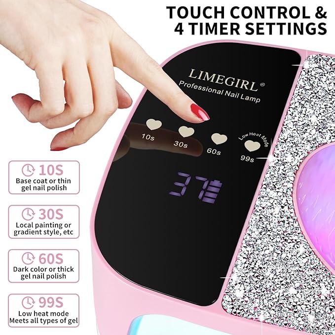 LIMEGIRL UV LED Nail Lamp Kit for Gel Polish Professional Fast Curing Pink Dryer Light Set with 4 Timer Settings Cordless Rechargeable Nail Art Cure Machine for Manicure Pedicure at Home and Salon