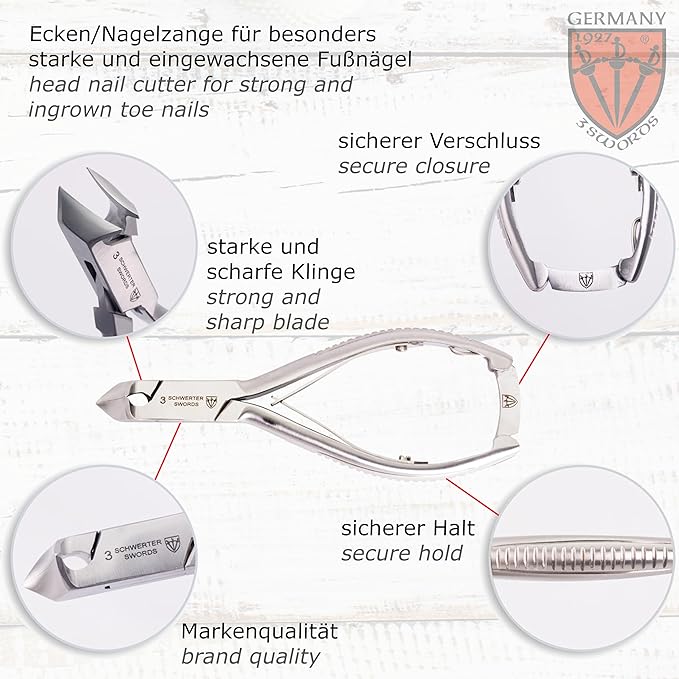 3 Swords Germany - Brand Quality Professional Toe Nail Nipper Set Stainless Steel INOX Wave Nipper, Head Cutter, Nail File Finger Clipper, Tweezers with case for ingrown Toe Nails by 3 Swords (202)