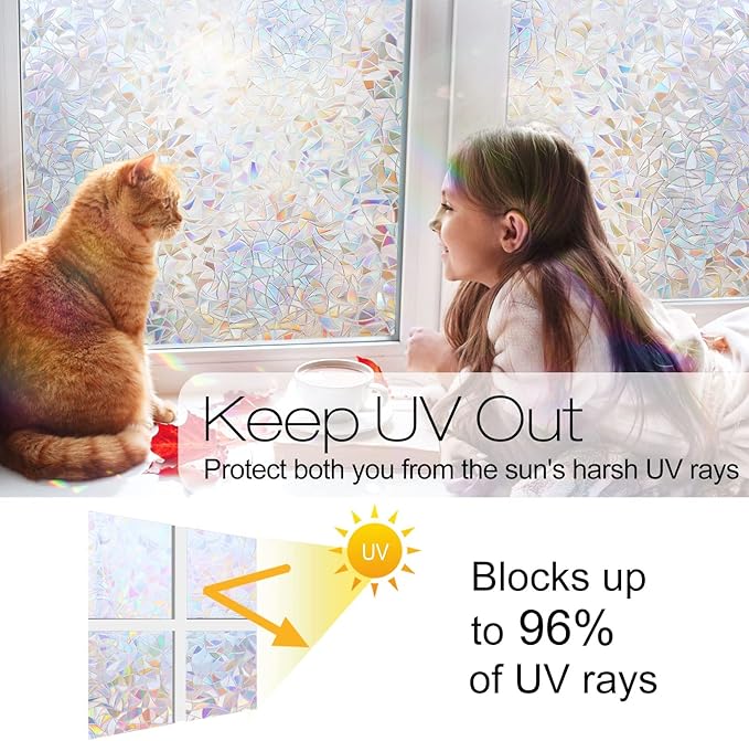 rabbitgoo Window Privacy Film Rainbow Film Decorative Window Sticker, 3D Static Stained Glass Cling Tint for Home Heat Control Non-Adhesive, 17.5 x 157.5 inches