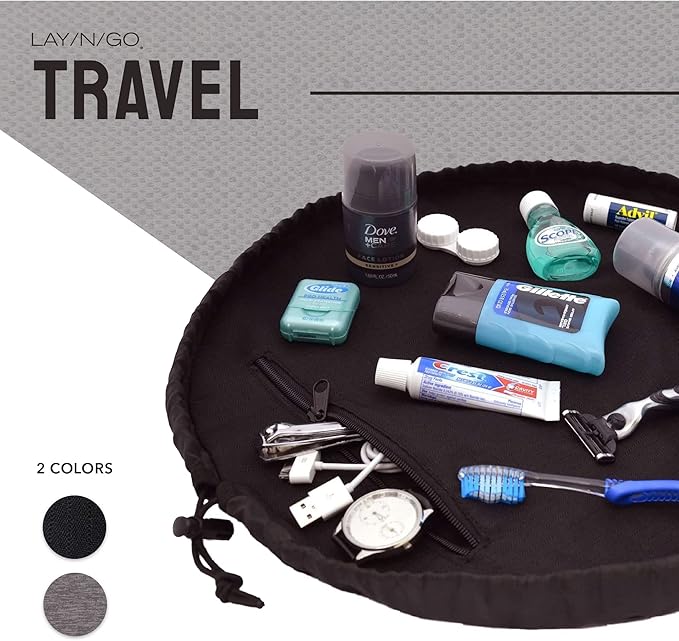 Lay-n-Go Drawstring Toiletry Bag - Water-Resistant 4-In-1 Lay Flat Toiletry Bag - Durable, Easy-To-Clean Travel - For Men & Women - Machine Washable & Compact (20", Black)