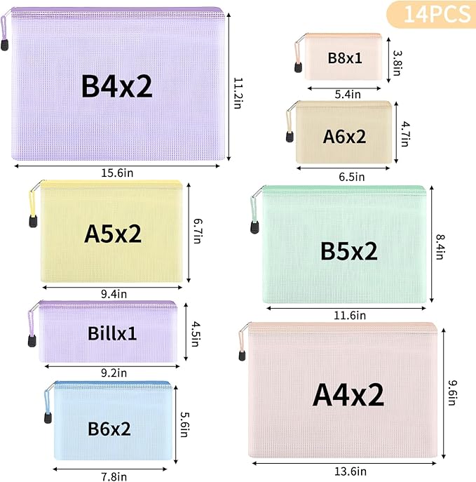 EOOUT 14pcs Mesh Zipper Pouch, 8 Sizes Waterproof Zipper Bags, 7 Colors Waterproof Plastic Document Pouch, Multipurpose for Travel Storage, Office Appliances, Home Organize