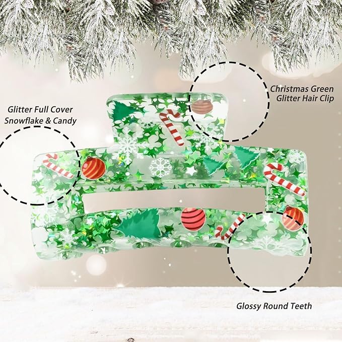 Christmas Hair Clips, Square Hair Claw Clips for Thick/Thin Hair, Green Glitter Snowflake Christmas Tree Design Medium Claw Clips, Strong Hold & Non-Slip Hair Styling Accessories for Xmas 1PCS