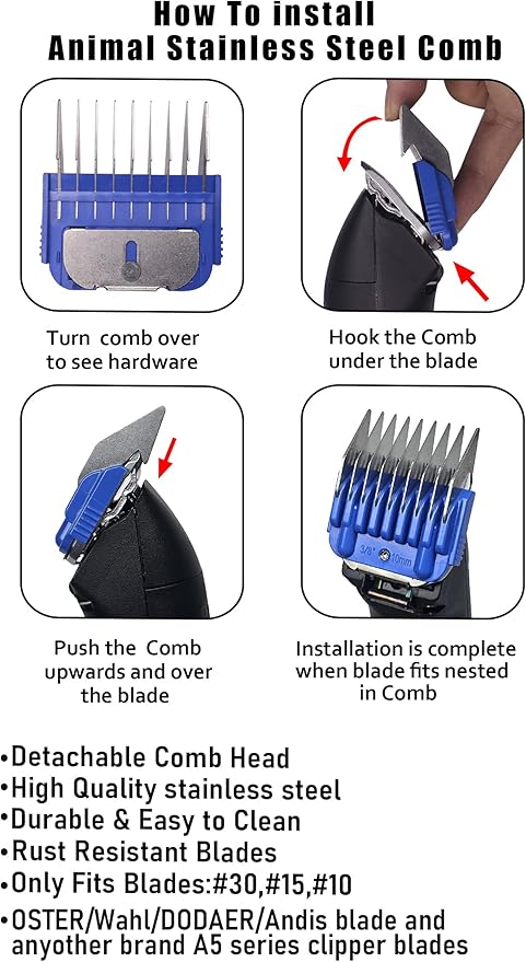 Animal Stainless Steel Attachment 8 Colors Guide Comb Set from 1/8 Inch to 1 Inch(3-25mm),Compatible with Andis, Oster A5, Wahl KM10 Series Clipper Detachable Blade(Only fit for 15# 10# 30# blade)