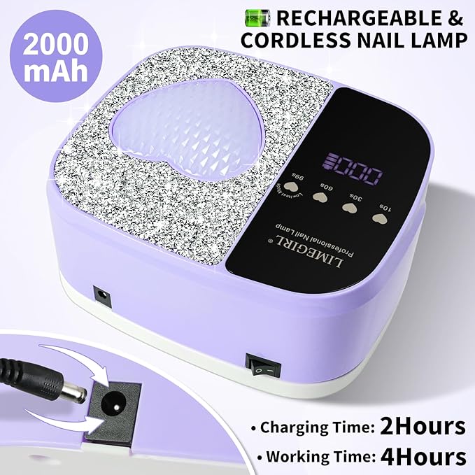 LIMEGIRL UV LED Nail Lamp Kit for Gel Polish Professional Fast Curing Purple Dryer Light Set with 4 Timer Settings Cordless Rechargeable Nail Art Cure Machine for Manicure Pedicure at Home and Salon