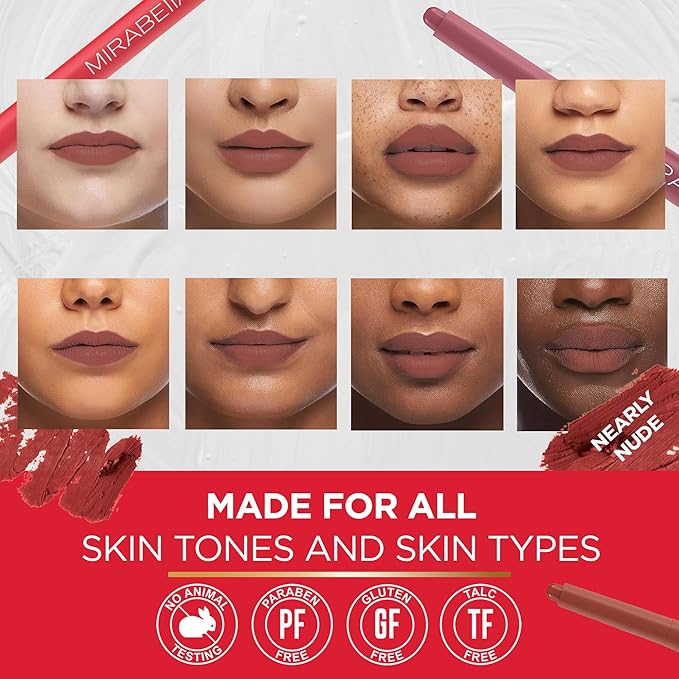 Mirabella - Velvet Matte Lip Crayon, Retractable Highly-Pigmented 2-in-1 Makeup, Long-Lasting Hydrating Lipstick Crayon + Lip Liner, Moisturizing Cream-to-Matte Lipcare Formula, Nearly Nude