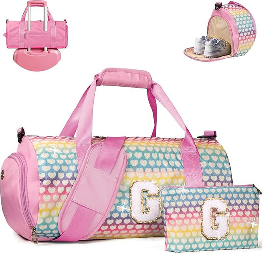 Gifts for 9 Year Old Girl, Girls Travel Duffel Bag, Kids Initial Overnight Bags with Shoe Compartment, Personalized Weekender Bag with Makeup Pouch, Gift for Granddaughter (Letter G)