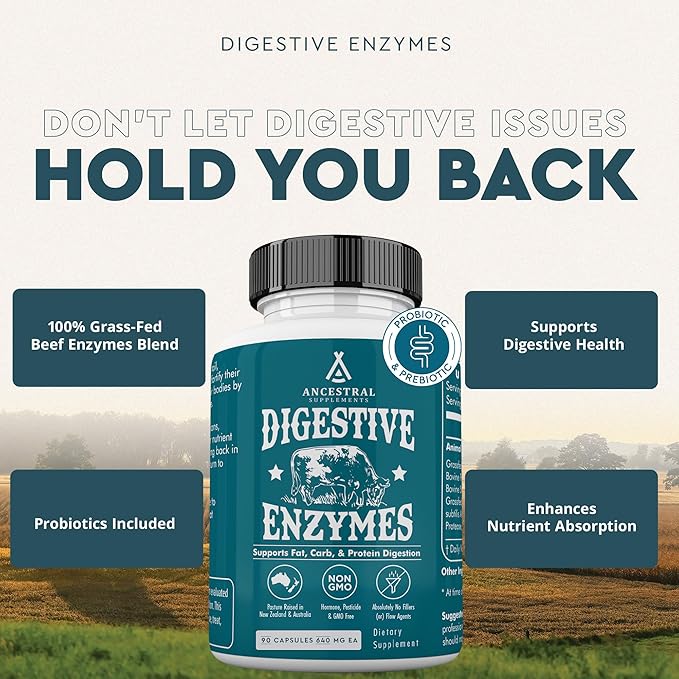 Ancestral Supplements Digestive Enzymes for Women & Men, 90 Capsules, with Probiotics and Grass Fed Beef Organs, Supports Gut Health, Digestive Health & Nutrient Absorption, Allergen Free, Non GMO