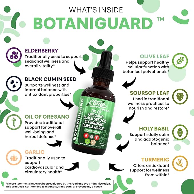 Clean Nutra Oil of Oregano Drops Black Seed Oil Elderberry Vitamin D D3 K2 Olive Garlic Immune Support Supplement Wellness Formula Zinc Supplements Liquid 2 Fl Oz BotaniGuard Vegan, Non-GMO