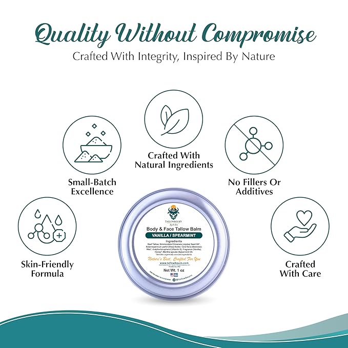 Dr. Dave's Primal Essence Grass Fed Beef Tallow Balm for Face and Body with Shea Butter, Organic Jojoba Oil, Honey, and Beeswax – Beef Tallow for Skin – Vanilla and Spearmint – 1 oz