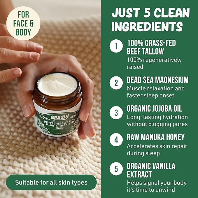 Whipped Beef Tallow for Skin w/Dead Sea Magnesium, Manuka Honey, Jojoba Oil & Vanilla - Grass Fed Beef Tallow Balm - Body & Face Moisturizer for Dry, Sensitive Skin - 2.5oz