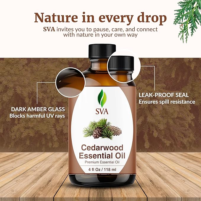 SVA Cedarwood Essential Oil – 4 Fl Oz – 100% Natural Cedar Cupressus Funebris Oil - for Diffuser, Hair Care, Face, Skin Care, Aromatherapy, Scalp and Body Massage, Soap and Candles - with Dropper