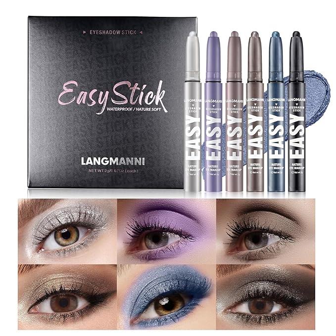 LANGMANNI Eyeshadow Stick, 6 PCS Waterproof Multi-Color Eyeshadow Pen Set, Creamy Long-Lasting Eye Makeup Kit, Natural & Shimmer Shades Contour Stick, Perfect Gifts For Women (#D)
