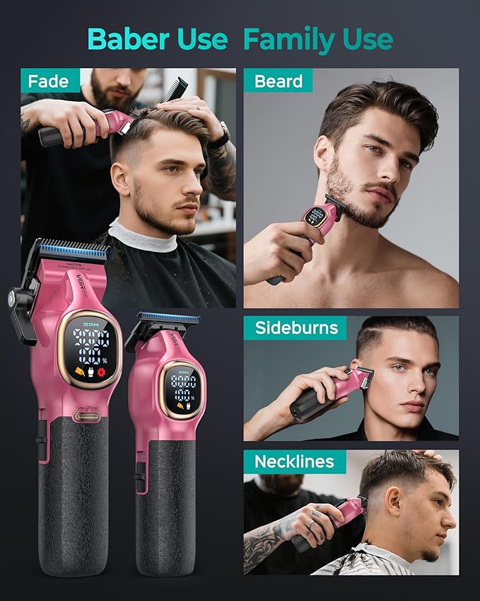 Professional Hair Clippers for Men, Professional Barber Clippers and Trimmer Set, Cordless Hair Clippers for Hair Cutting with Package Case, Powerful 9000 PRM Rechargable Electric (Pink)