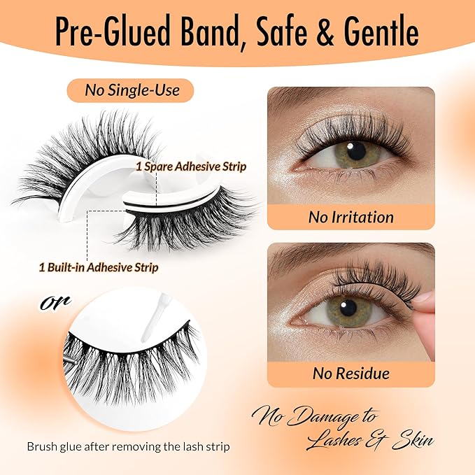 Bepholan Self Adhesive Eyelashes Natural Look No Glue Need Eyelashes,Press On Lashes,Reuseable Waterproof Fake Eyelashes Wispy with Tweezer 3 Pairs Eyelashes of 6 Pairs Adhesive Strips